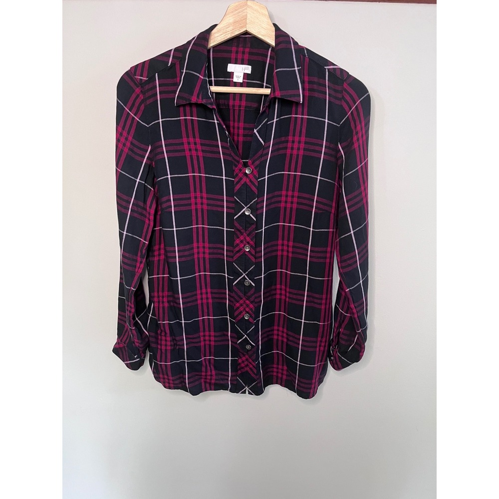 J. Jill Plaid Button Down Shirt Womens Small Black Burgundy Rayon‎ Long Sleeve